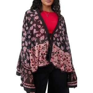 Free People Mixed Print Tie Front Jacket Boho-Chic In Dark Combo Size Medium EUC